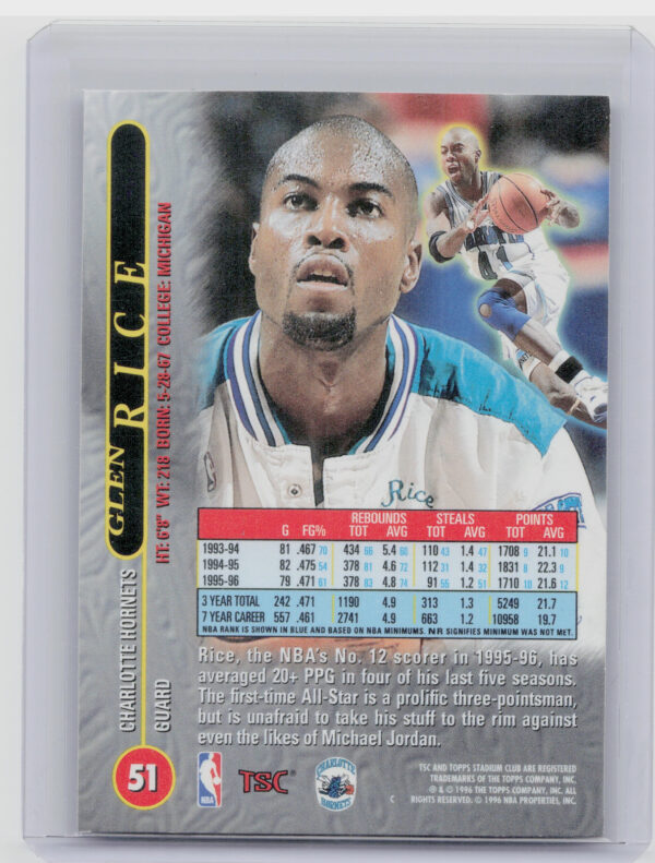 1996-97 Stadium Club Glen Rice TSC Matrix #51 Hornets - Image 3