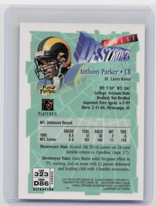 1996 Finest Anthony Parker Refractor #323 Rams - Image 3