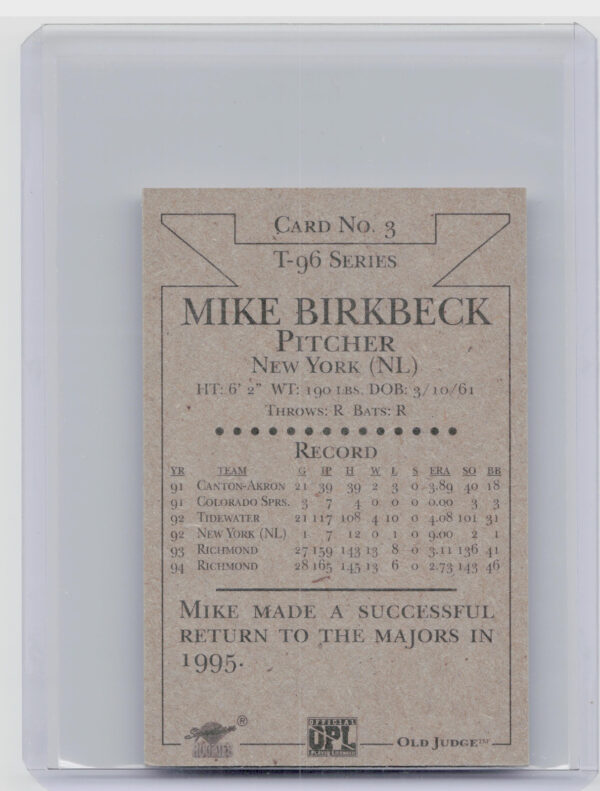 1996 Signature Rookies Old Judge Mike Birkbeck AU SN6000 #3 Mets Signatures - Image 3