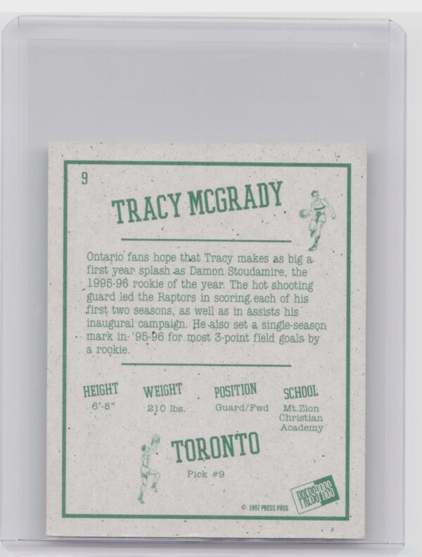 1997-98 Press Pass Double Threat Tracy McGrady #9 Raptors Retroactive - Image 3