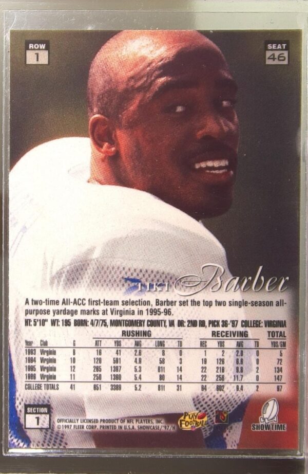 1997 Flair Showcase Tiki Barber Flair Showcase Row 1 (Grace) RC #46 Giants - Image 3