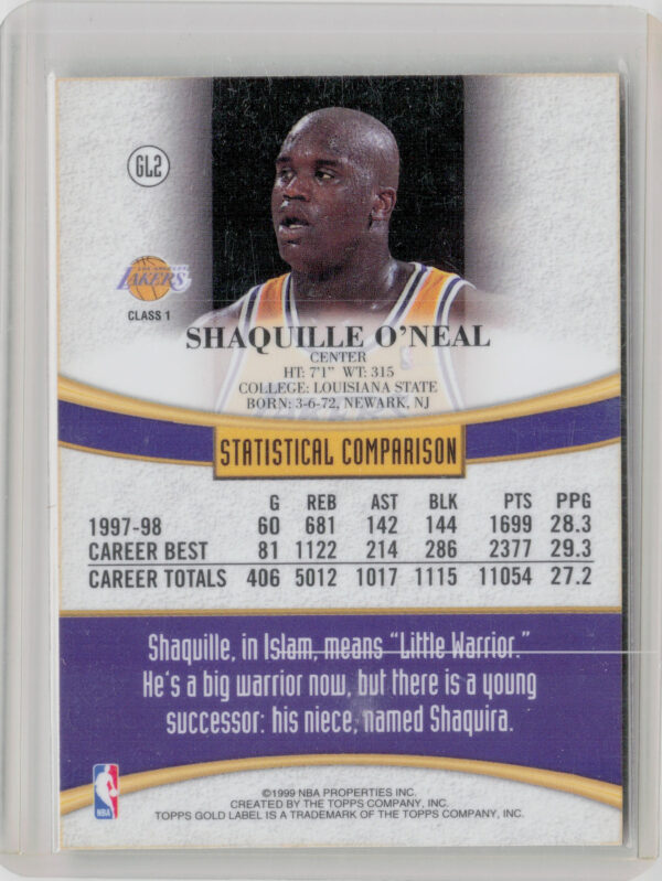 1998-99 Topps Shaquille O'Neal #GL2 Lakers Topps Gold Label - Image 3