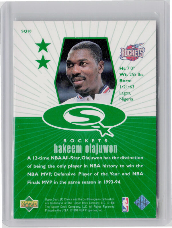1998-99 UD Choice Hakeem Olajuwon #SQ10 Rockets StarQuest Green - Image 3
