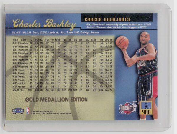 1998-99 Ultra Charles Barkley Gold Medallion #98G Rockets - Image 3