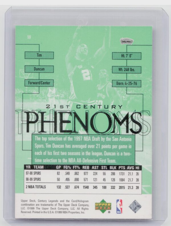 1998-99 Upper Deck Century Legends Tim Duncan #59 Spurs - Image 3