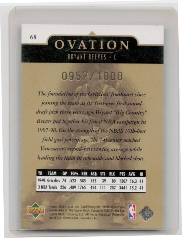 1998-99 Upper Deck Ovation Bryant Reeves Gold /1000 #68 Grizzlies - Image 3