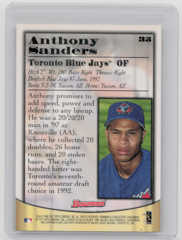 1998 Bowman Anthony Sanders AU #35 Jays Certified Autographs Blue Foil - Image 3