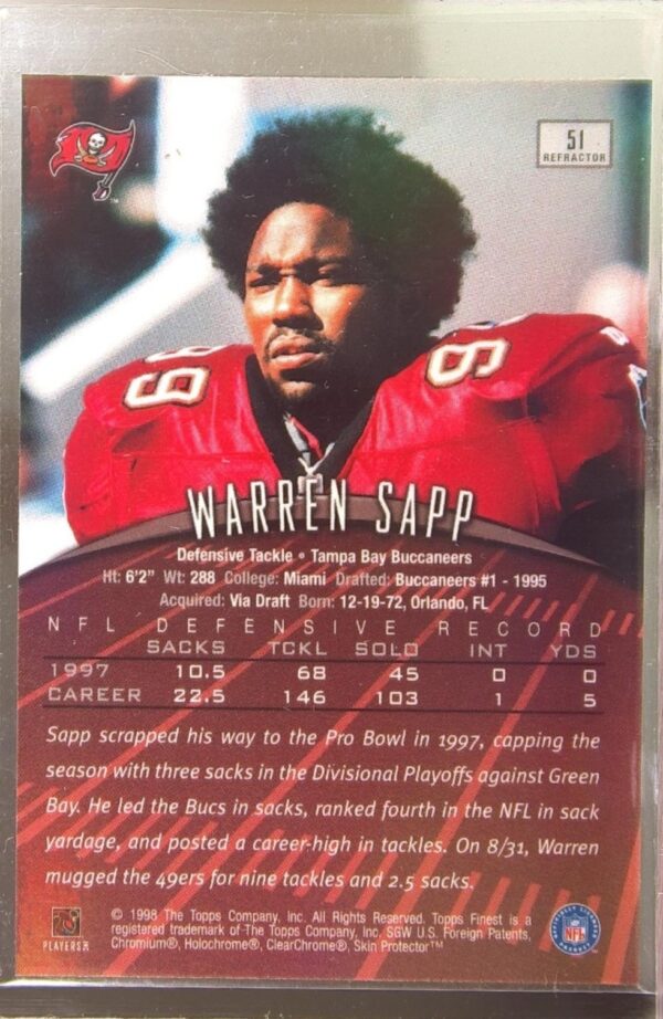 1998 Finest Warren Sapp Refractor #51 Buccaneers - Image 3