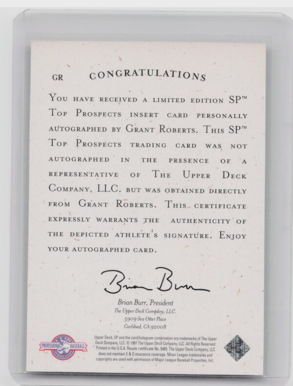 1998 SP Top Prospects Grant Roberts AU #GR Bombers Autographs - Image 3