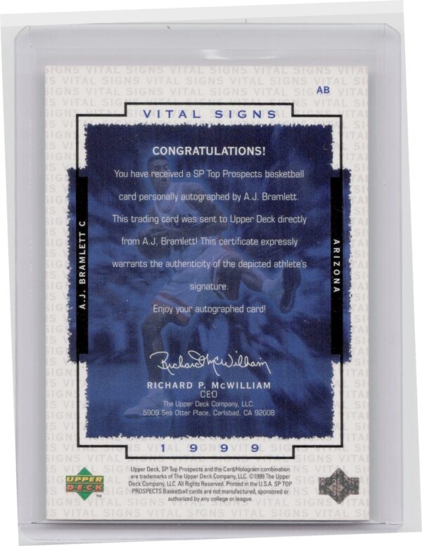 1999-00 SP Top Prospects A.J. Bramlett AU #AB Wildcats Vital Signs - Image 3