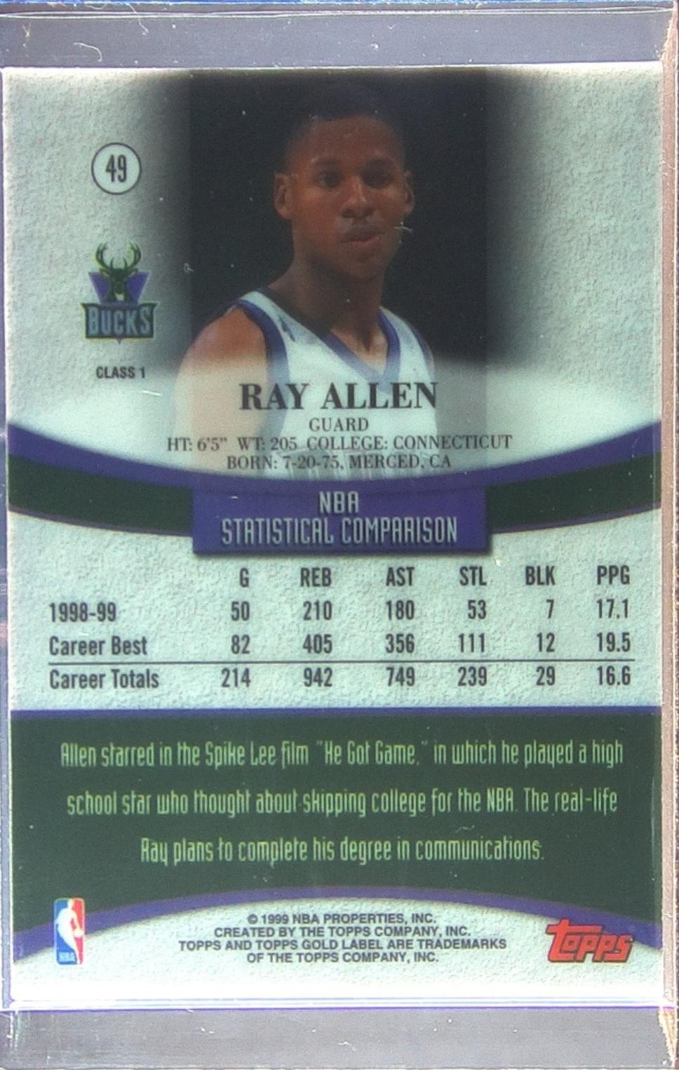 1999-00 Topps Gold Label Ray Allen #49 Bucks - Image 3