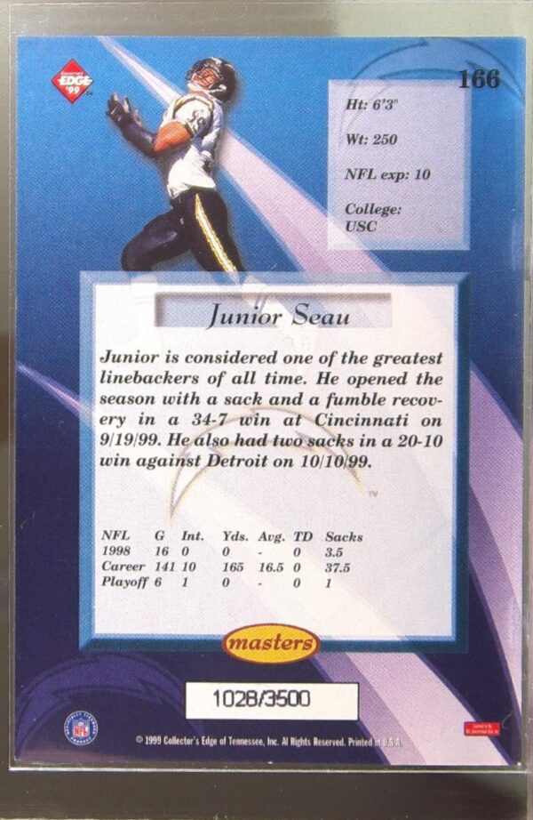 1999 Collector's Edge Masters Junior Seau HoloSilver /3500 #166 Chargers - Image 3