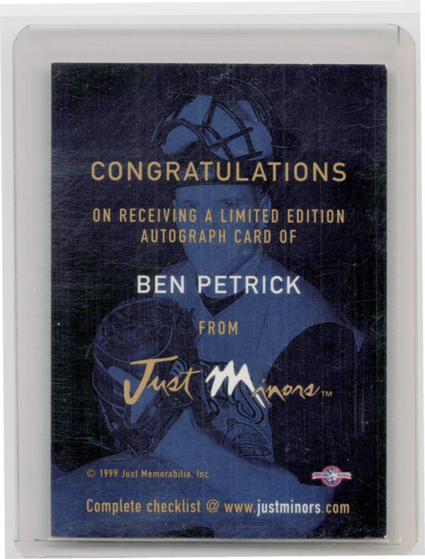 1999 Just Ben Petrick AU #NNO Mudcats Autographs - Image 3