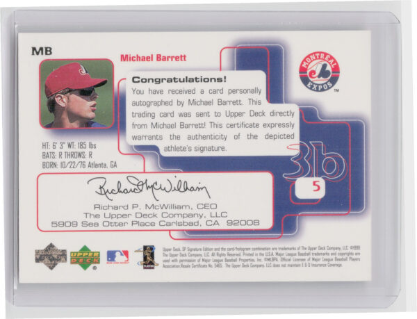 1999 SP Signature Edition Michael Barrett AU #MB Expos Autographs - Image 3