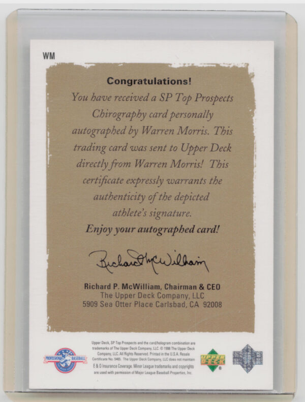 1999 SP Top Prospects Warren Morris AU #WM Mudcats Chirography - Image 3