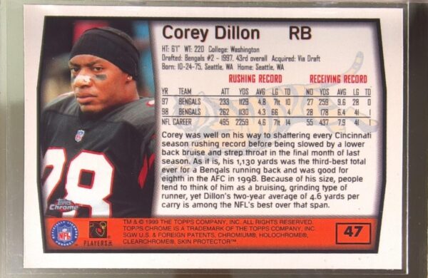 1999 Topps Chrome Corey Dillon #47 Bengals - Image 3