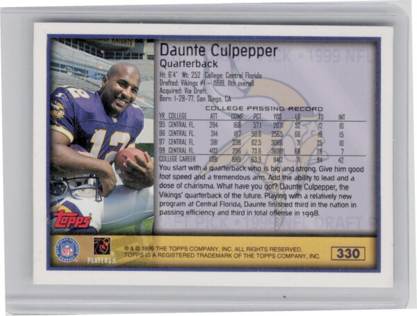 1999 Topps Daunte Culpepper RC #330 Vikings - Image 3