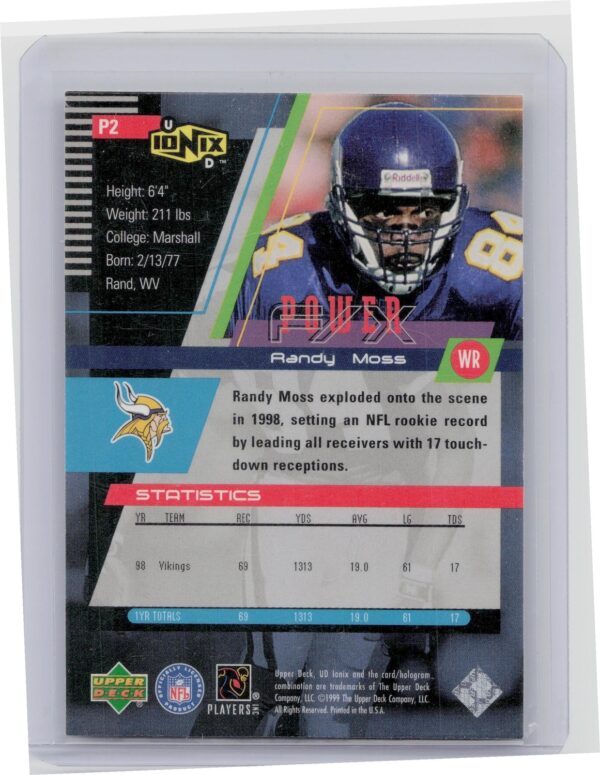 1999 UD Ionix Randy Moss #P2 Vikings Power F/X - Image 3