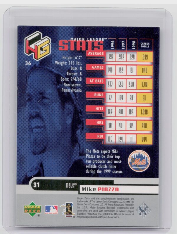 1999 Upper Deck HoloGrFX Mike Piazza #36 Mets - Image 3