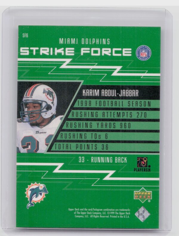 1999 Upper Deck Karim Abdul-Jabbar #SF6 Dolphins Strike Force - Image 3