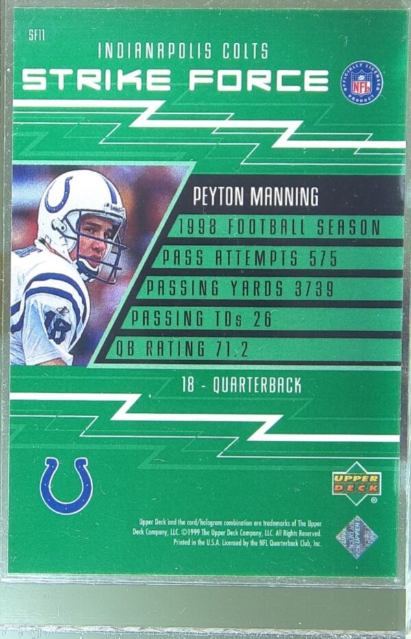 1999 Upper Deck Peyton Manning #SF11 Colts Strike Force - Image 3