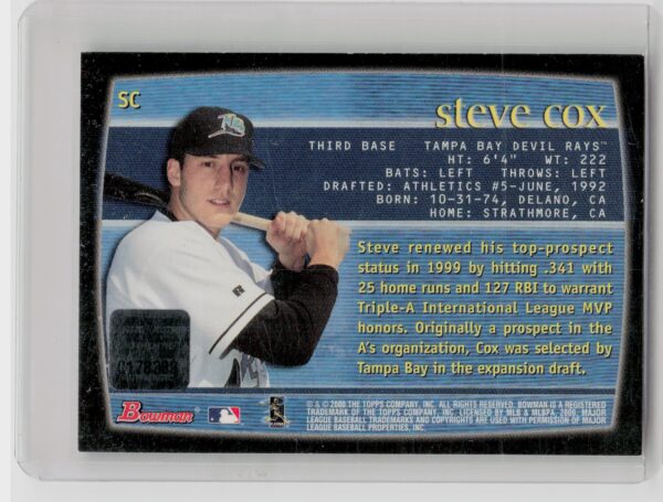 2000 Bowman Steve Cox AU #SC Rays Autographs - Image 3