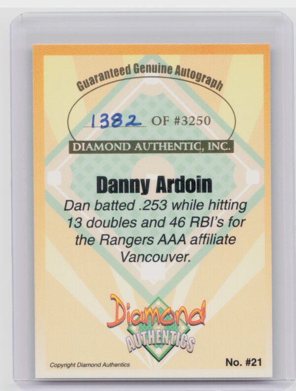2000 Diamond Authentics Autographs Danny Ardoin AU SN3250 #21 Canadians - Image 3