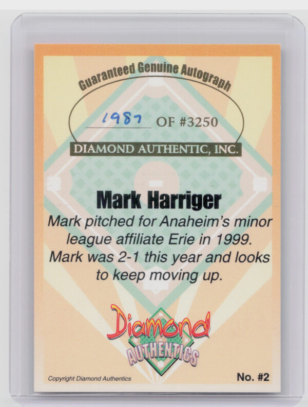 2000 Diamond Authentics Autographs Mark Harriger AU SN3250 #2 SeaWolves - Image 3