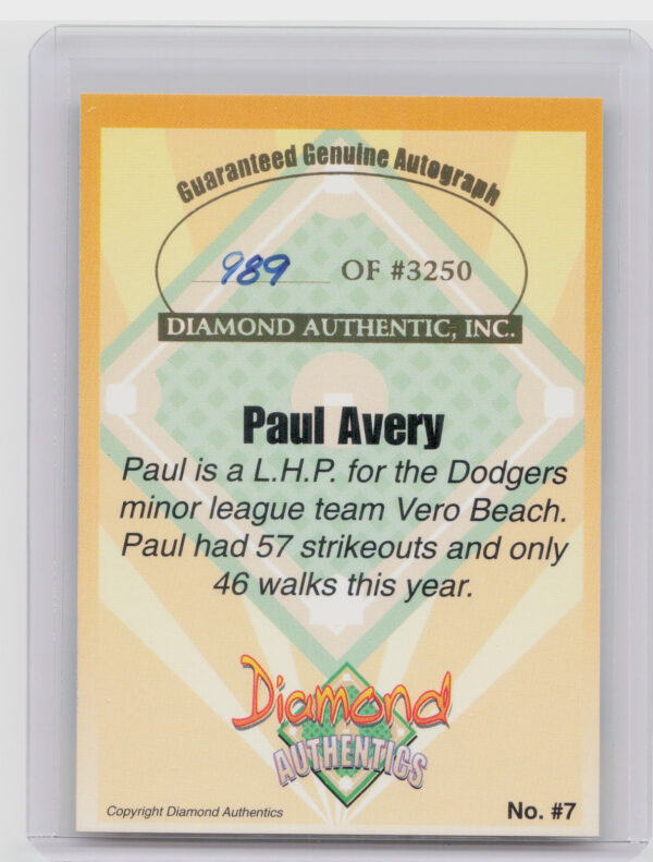 2000 Diamond Authentics Autographs Paul Avery AU SN3250 #7 Dodgers - Image 3