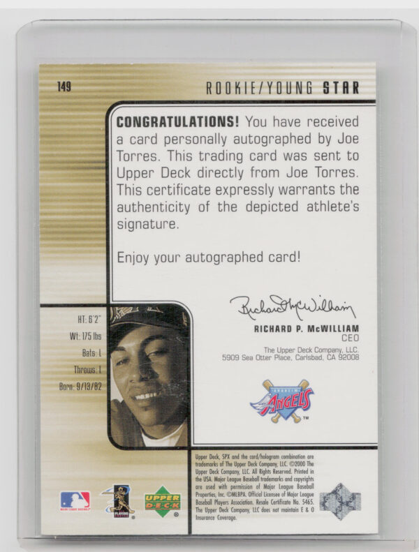 2000 SPx Joe Torres AU SN1500 RC #149 Angels - Image 3