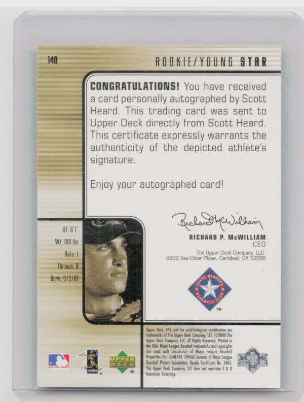 2000 SPx Scott Heard AU SN1500 RC #140 Rangers - Image 3