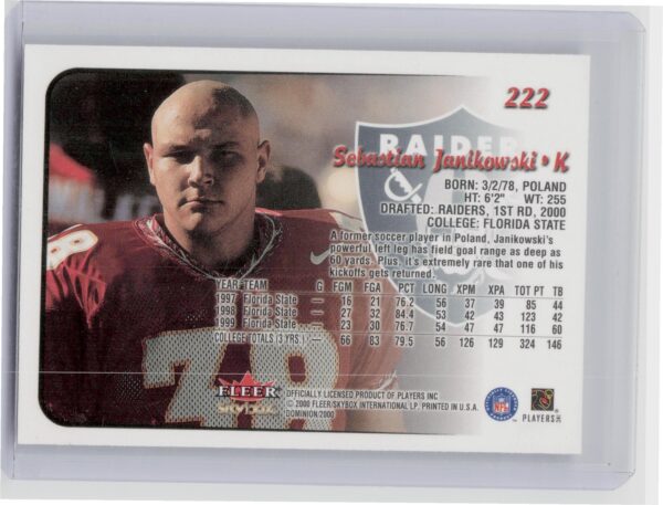 2000 SkyBox Dominion Sebastian Janikowski RC #222 Raiders - Image 3