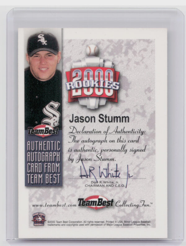 2000 Team Best Rookies Jason Stumm AU #NNO Sox Autographs - Image 3