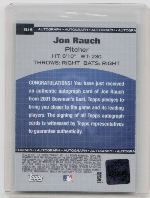 2001 Bowman's Best Jon Rauch AU #BBA-JR Sox Autographs - Image 3