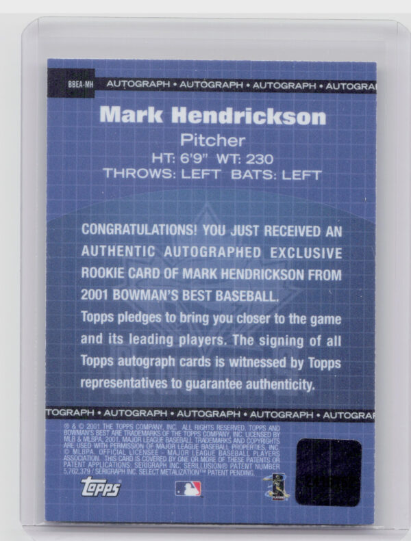 2001 Bowman's Best Mark Hendrickson AU #BBEA-MH Jays Exclusive Autographs - Image 3