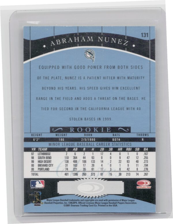 2001 Donruss Classics Abraham Nunez AU #131 Marlins Significant Signatures - Image 3