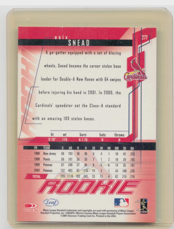 2001 Leaf Rookies & Stars Esix Snead AU #277 Cardinals Autographs - Image 3