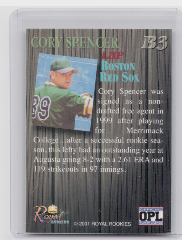 2001 Royal Rookies Throwbacks Corey Spencer AU SN3950 #B3 Sox Barnstormers Autog - Image 3