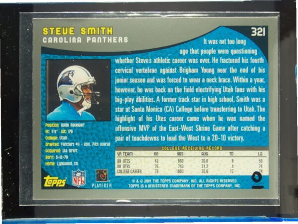 2001 Topps Steve Smith RC #321 Panthers - Image 3