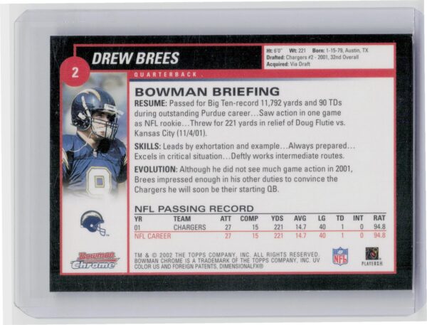2002 Bowman Chrome Drew Brees #2 Chargers - Image 3