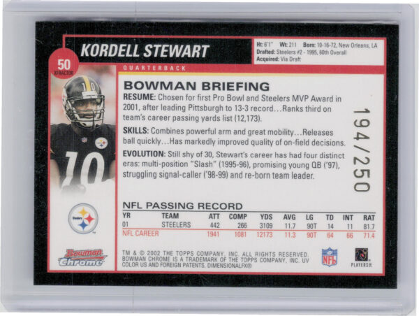 2002 Bowman Chrome Kordell Stewart Xfractors SN250 #50 Steelers - Image 3