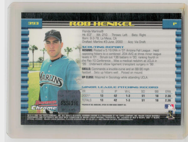 2002 Bowman Chrome Rob Henkel AU RC #393 Marlins - Image 3