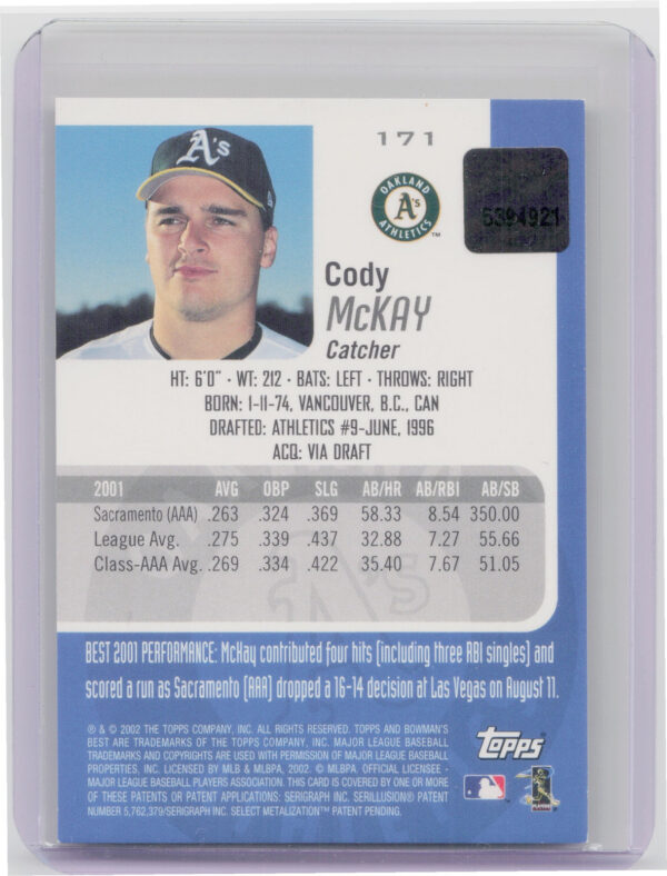 2002 Bowman's Best Cody McKay Red AU #171 Athletics - Image 3