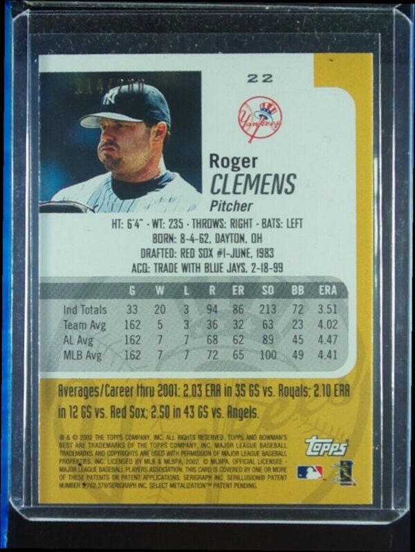 2002 Bowman's Best Roger Clemens Red SN200 #22 Yankees - Image 3