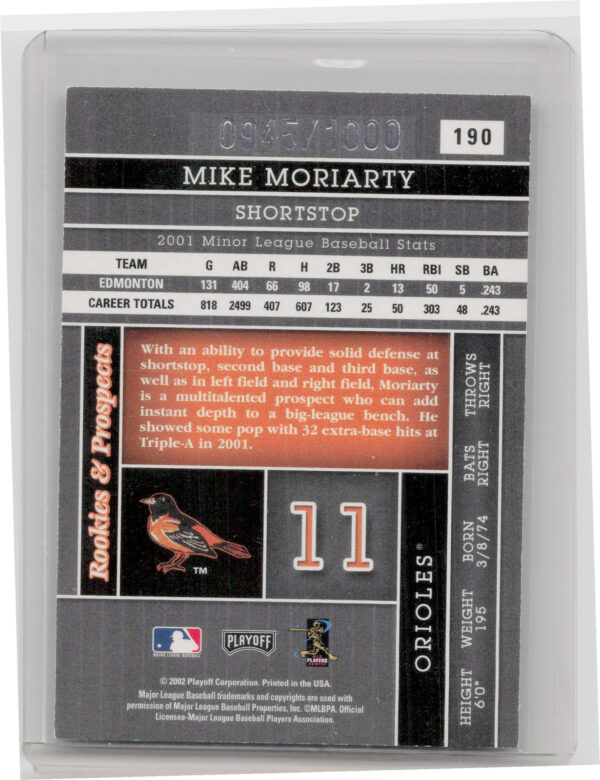 2002 Playoff Absolute Memorabilia Mike Moriarty RC SN1000 #190 Orioles - Image 3