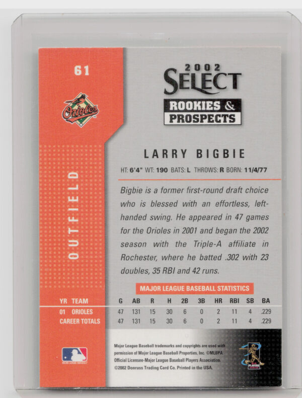 2002 Select Rookies & Prospects Larry Bigbie AU #61 Orioles - Image 3