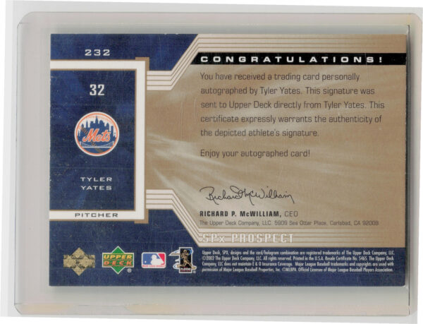 2002 Upper Deck Rookie Update Tyler Yates AU SN825 RC #232 Mets 2002 SPx Update - Image 3