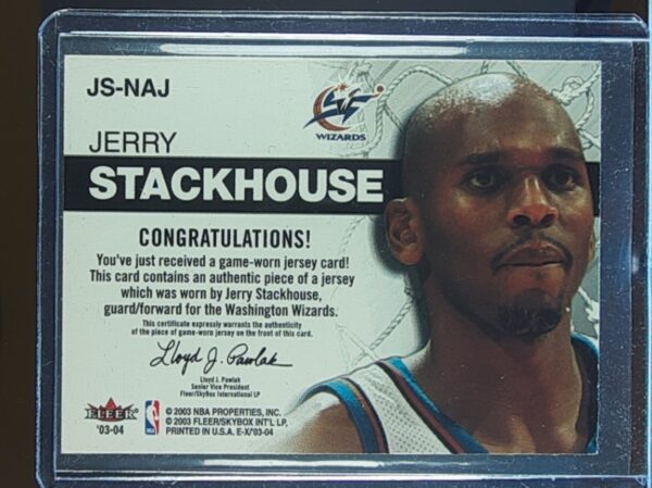 2003-04 E-X Jerry Stackhouse JSY #JS-NAJ Wizards Net Assets Game Used - Image 3