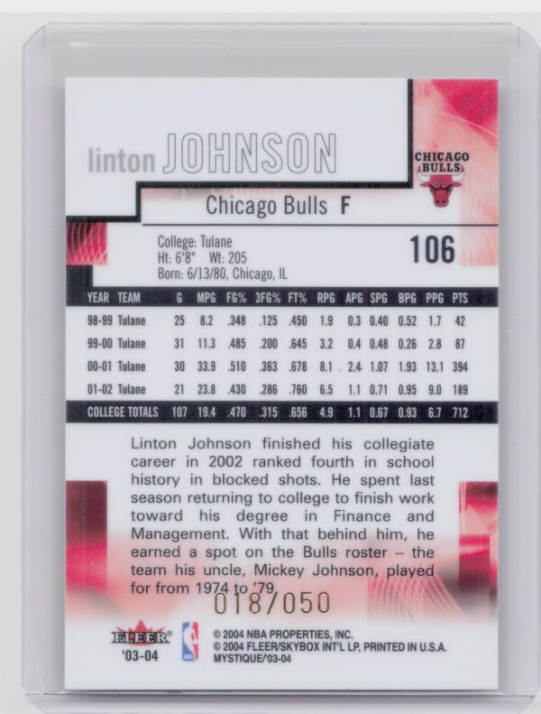 2003-04 Fleer Mystique Linton Johnson Gold SN50 #106 Bulls - Image 3