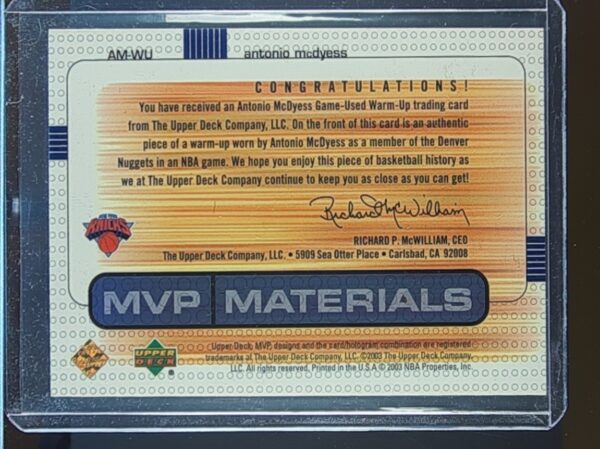 2003-04 Upper Deck MVP Antonio McDyess JSY #AM-WU Knicks Materials Warmups - Image 3